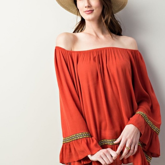 Pumpkin Orange Boho Bell Sleeve Tunic Top M NWT - Picture 5 of 5